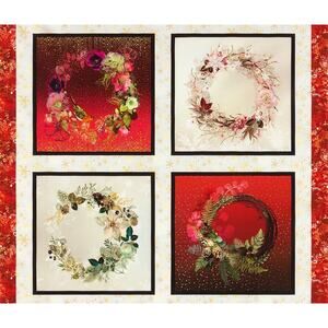 Christmas Fabric Panel Robert Kaufman Lara Skinner Floral Bird Wreath Red Ivory